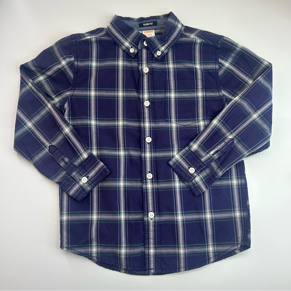 Gymboree Boys Buffalo Check Print Plaid Blue Slim Fit Long Sleeve Size Small 5/6